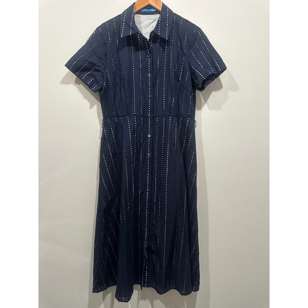 J.McLaughlin Navy Blue Eyelet Cotton Midi Shirt Dress Short Sleeve Womens 8